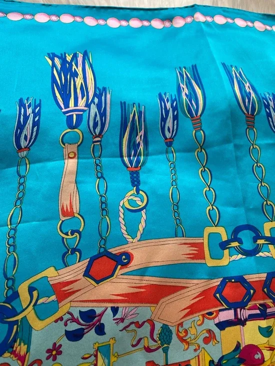 Vibrant Turquoise Silk Scarf with Tassel Print 42 x 42 - Picture 14 of 16